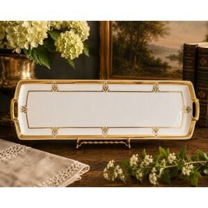 Antique MZ Austria Porcelain Art Deco Serving Tray Gold Blue 18.5" Handled